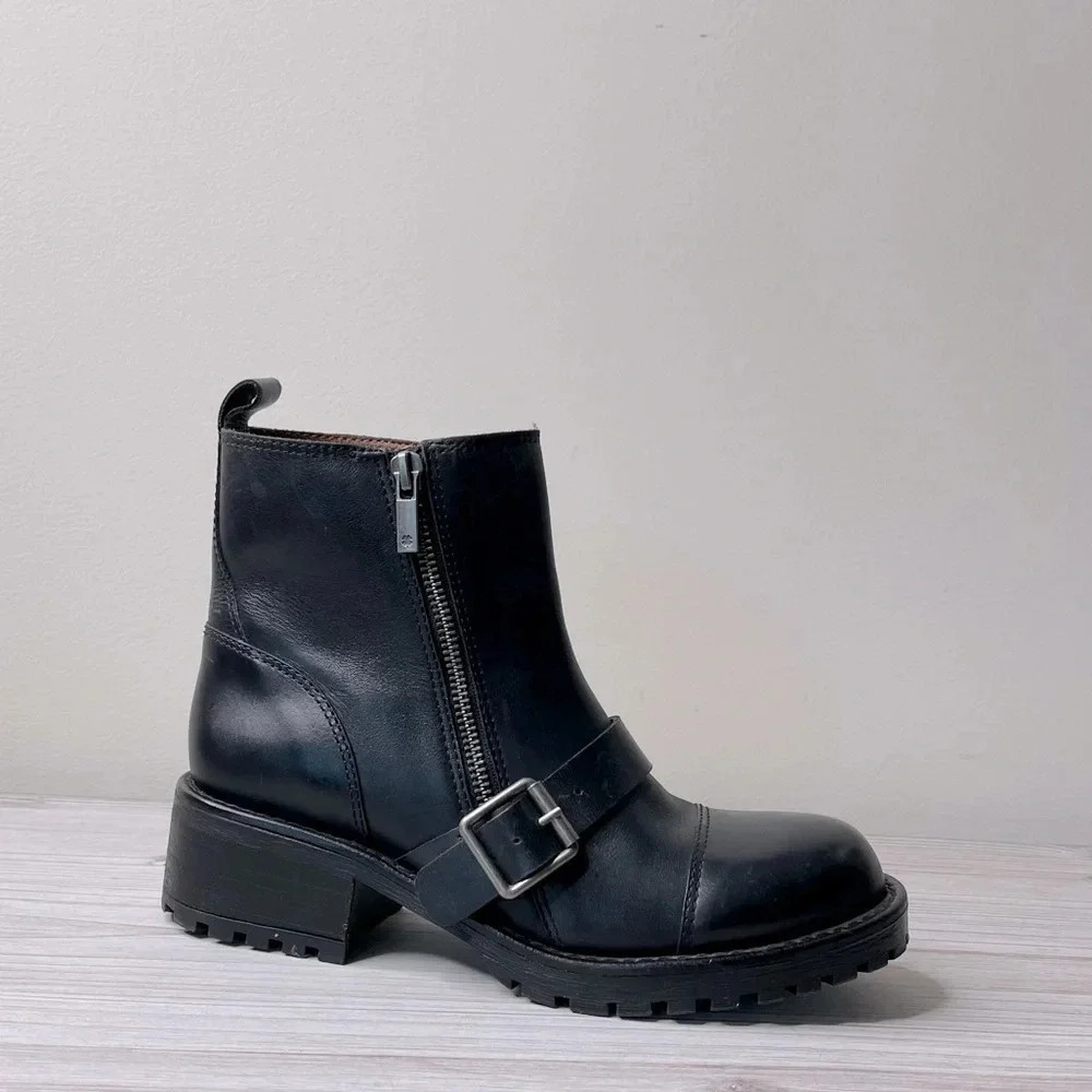 Lucky Brand Motto Boot Ondalucia Dual Zipper Buckle Leather Black